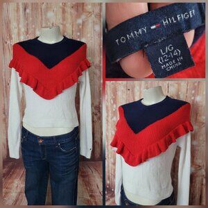 Tommy Hilfiger Teen Color block Red White Blue Sweater Ruffled Size L (12-14)